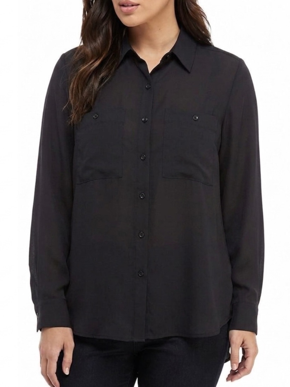 Comune  Black Long Sleeve Button Down Camp Shirt Womens Size Large Chest Pockets